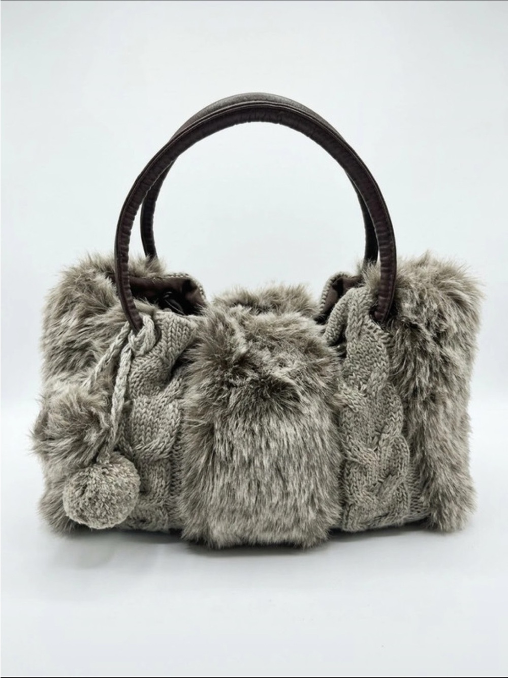 Plush Knit & Faux Fur and Knit Shoulder Bag in Taupe Gray